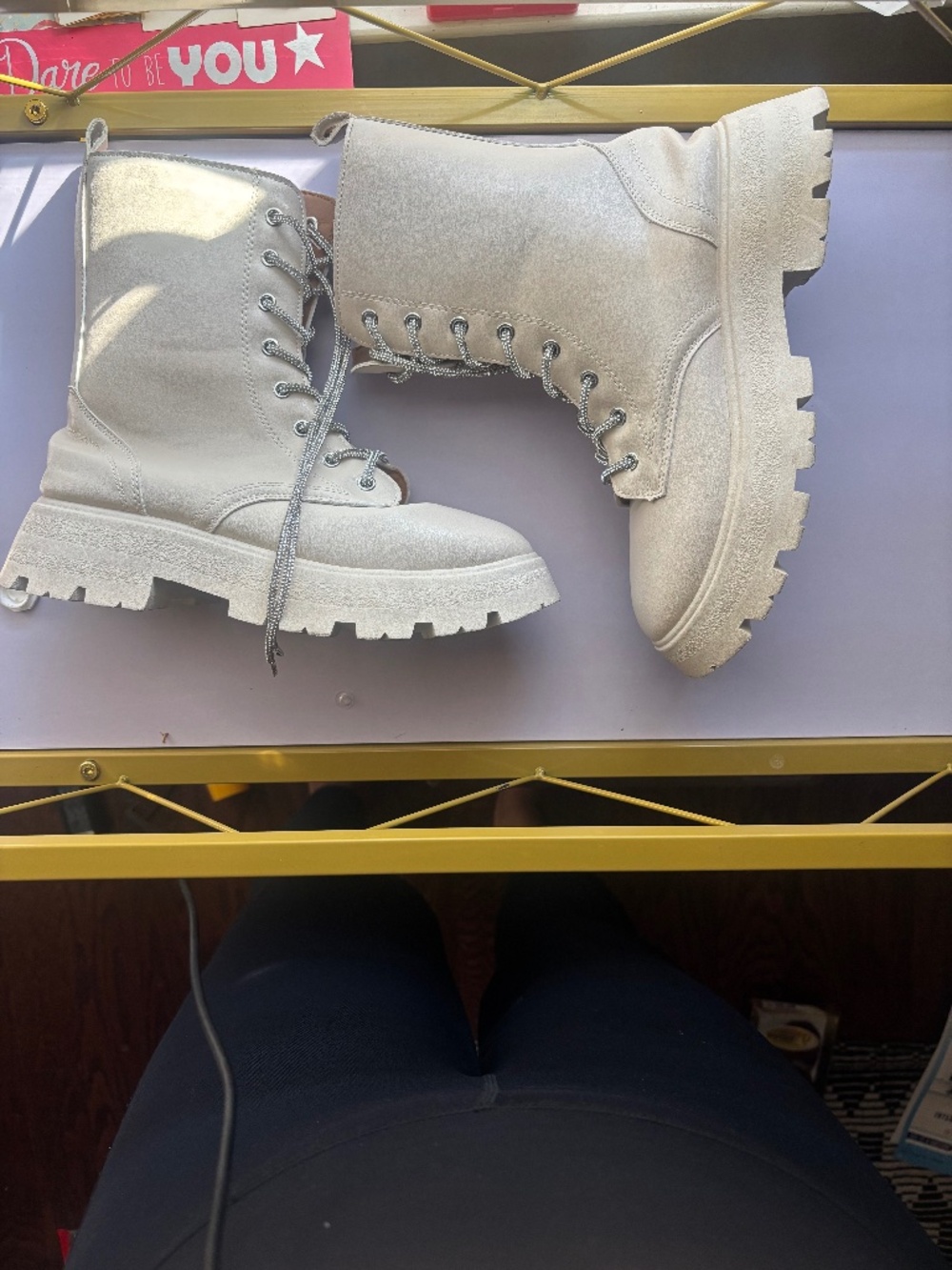 Cream colored boots (sparkle flap and shoe shring